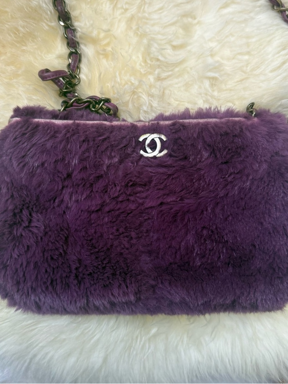 CHANEL Purple rabbit fur bag